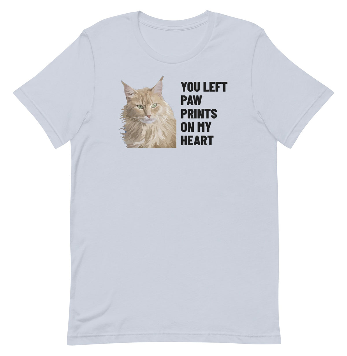 You Left Paw Prints On My Heart Custom Pet T-Shirt (Light Blue), Caramel the Maine Coon cat: front view. [ks Colour=Light Blue; kind=product]