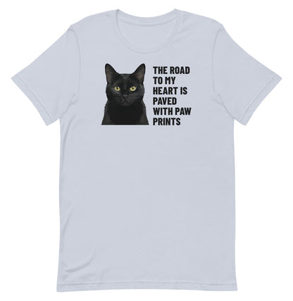 The Road To My Heart Is Paved With Paw Prints Custom Pet T-Shirt (Light Blue), Olive the black cat: front view. [ks Colour=Light Blue; kind=product]