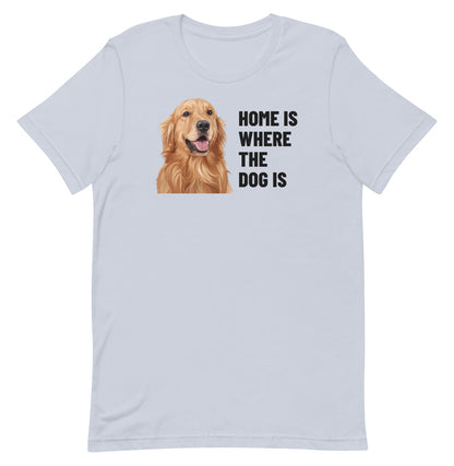 Home Is Where The Dog Is Custom Pet T-Shirt (Light Blue), Cooper the Golden Retriever: front view. [ks Colour=Light Blue; kind=product]