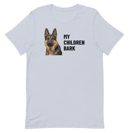 My Children Bark Custom Pet T-Shirt (Light Blue), Max the German Shepherd: front view. [ks Colour=Light Blue; kind=product]