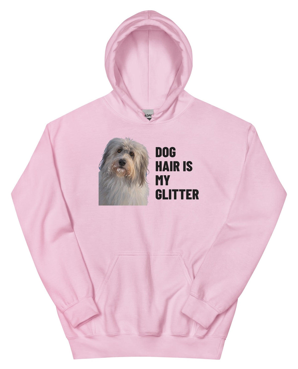 Dog Hair Is My Glitter Custom Pet Hoodie (Light Pink), Gandalf the Sheepdog: front view. [ks Colour=Light Pink; kind=product]
