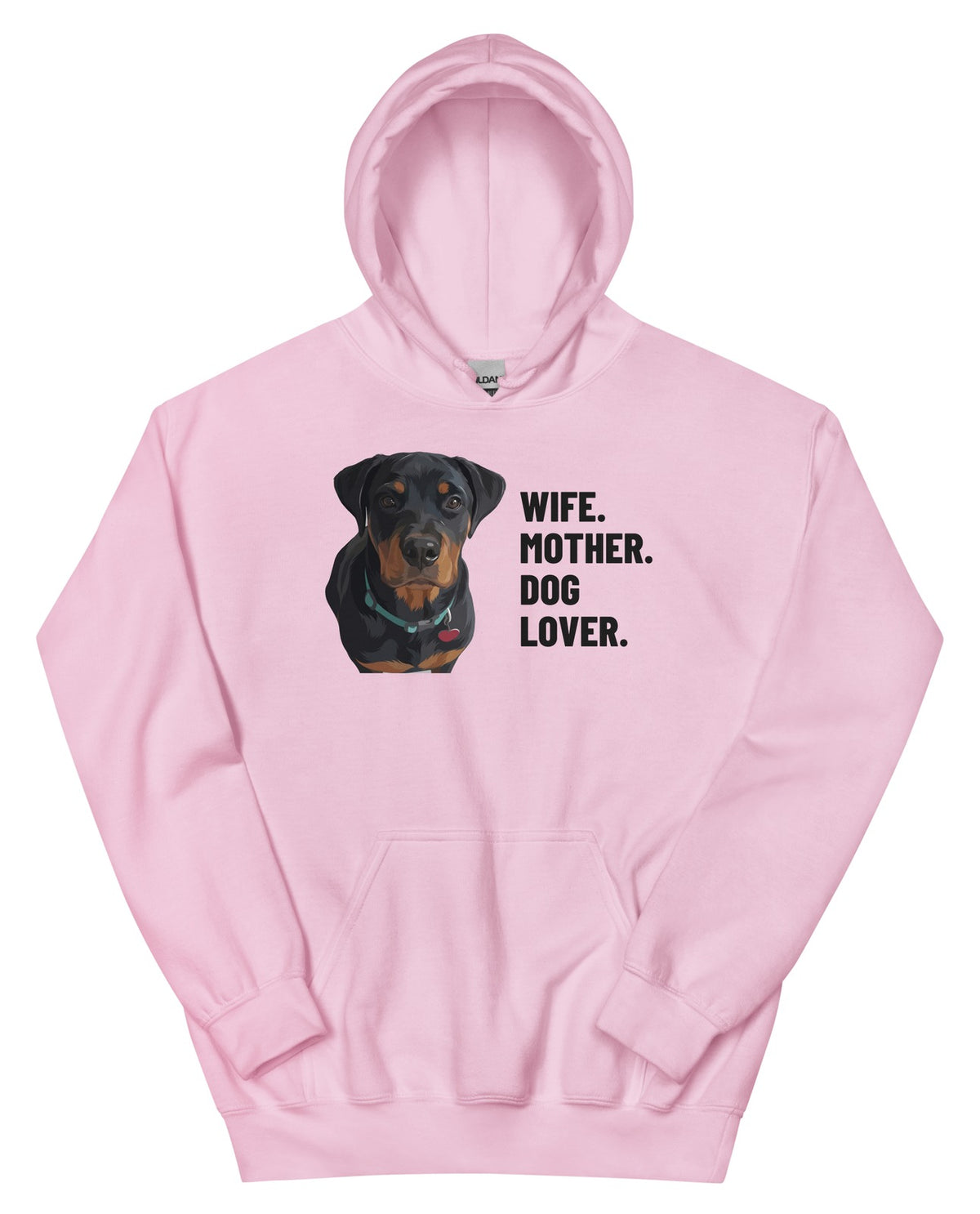 Wife. Mother. Dog Lover. Custom Pet Hoodie (Light Pink), Thor the Rottweiler: front view. [ks Colour=Light Pink; kind=product]