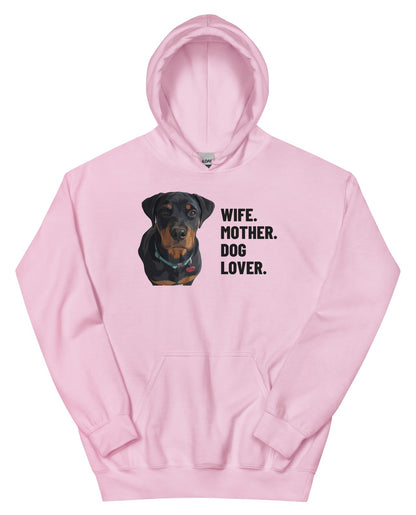 Wife. Mother. Dog Lover. Custom Pet Hoodie (Light Pink), Thor the Rottweiler: front view. [ks Colour=Light Pink; kind=product]