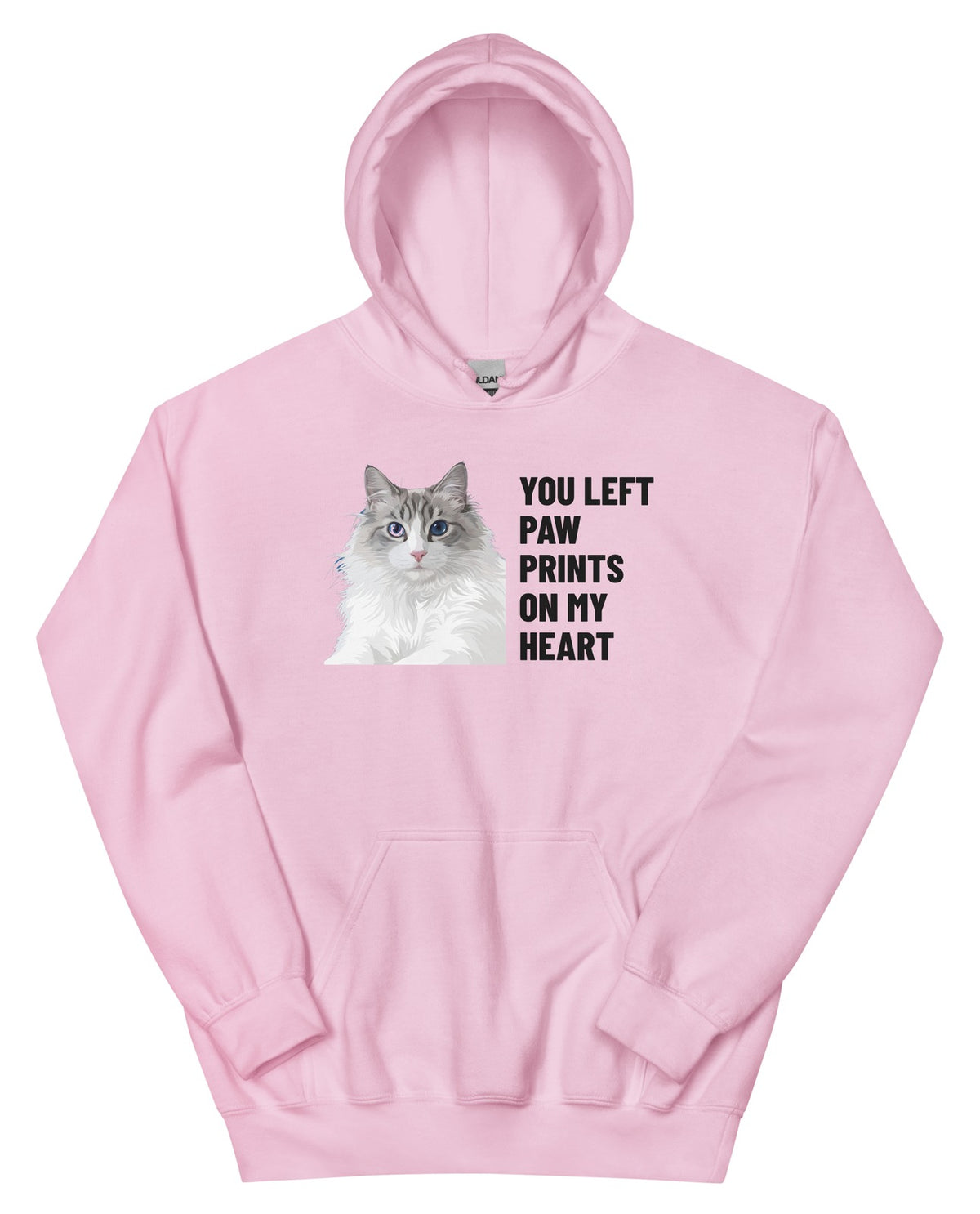 You Left Paw Prints On My Heart Custom Pet Hoodie (Light Pink), Cloud the Ragdoll cat: front view. [ks Colour=Light Pink; kind=product]