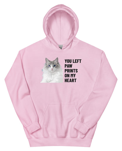 You Left Paw Prints On My Heart Custom Pet Hoodie (Light Pink), Cloud the Ragdoll cat: front view. [ks Colour=Light Pink; kind=product]