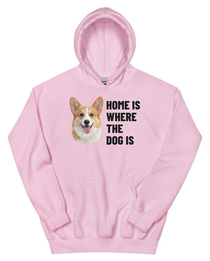 Home Is Where The Dog Is Custom Pet Hoodie (Light Pink), Bailey the Pembroke Welsh Corgi: front view. [ks Colour=Light Pink; kind=product]