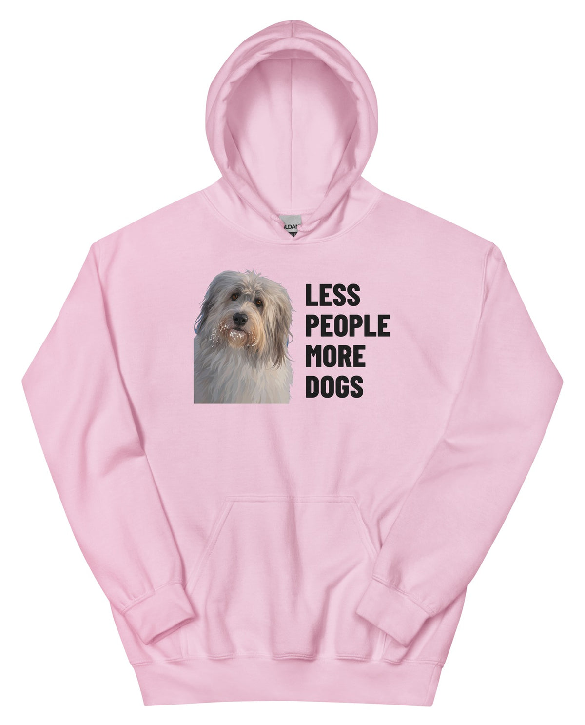 Less People More Dogs Custom Pet Hoodie (Light Pink), Gandalf the Sheepdog: front view. [ks Colour=Light Pink; kind=product]