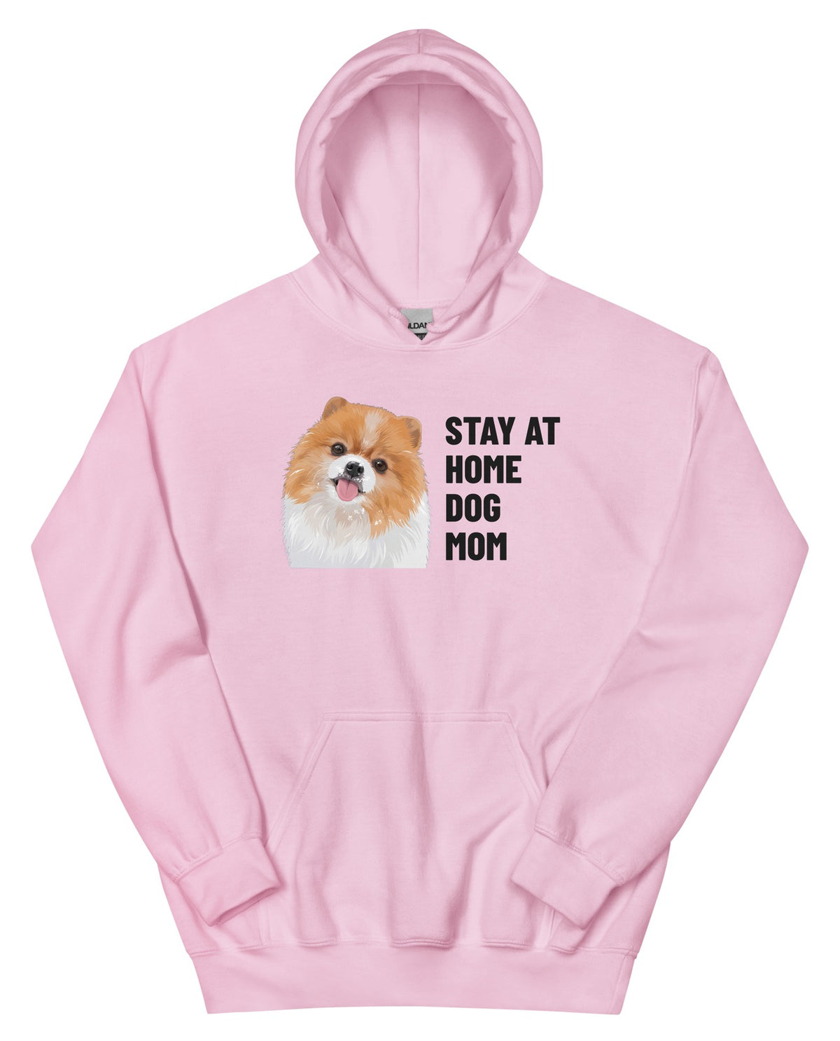Stay At Home Dog Mom Custom Pet Hoodie (Light Pink), Nugget the Pomeranian: front view. [ks Colour=Light Pink; kind=product]