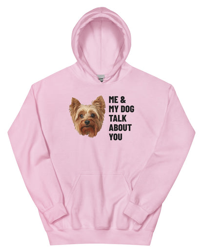 Me & My Dog Talk About You Custom Pet Hoodie (Light Pink), Gizmo the Yorkshire Terrier: front view. [ks Colour=Light Pink; kind=product]