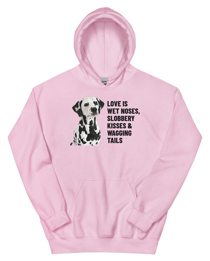 Love Is Wet Noses, Slobbery Kisses & Wagging Tails Custom Pet Hoodie (Light Pink), Dotty the Dalmatian: front view. [ks Colour=Light Pink; kind=product]