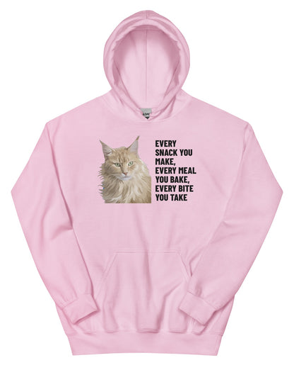 Every Snack You Make, Every Meal You Bake, Every Bite You Take Custom Pet Hoodie (Light Pink), Caramel the Maine Coon cat: front view. [ks Colour=Light Pink; kind=product]
