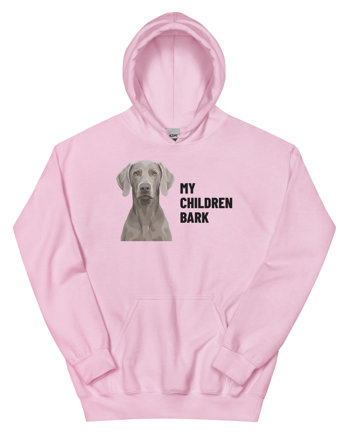 My Children Bark Custom Pet Hoodie (Light Pink), Pewter the Weimaraner: front view. [ks Colour=Light Pink; kind=product]