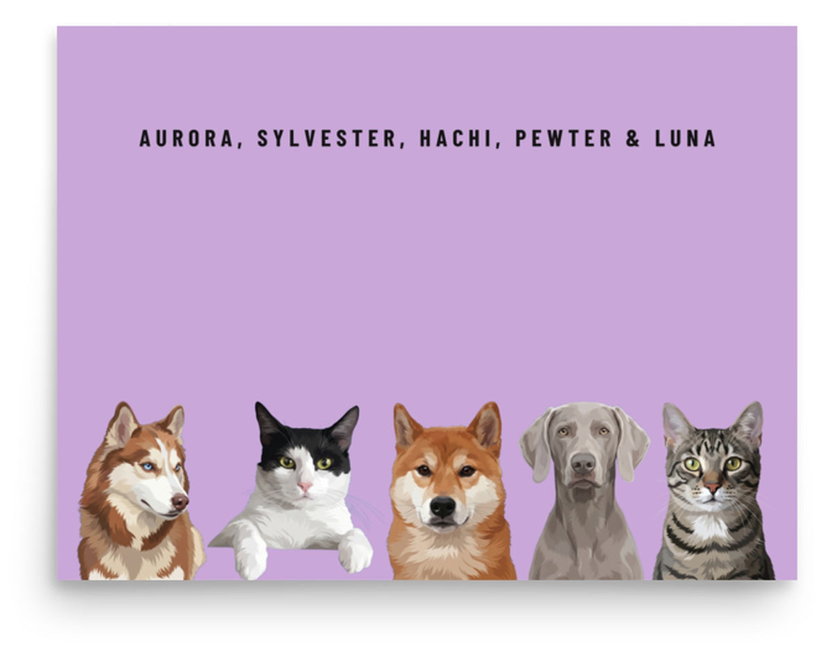 Holiday Custom Five Pet Portrait (Poster Only): Aurora the Siberian Husky & Sylvester the tuxedo cat & Hachi the Shiba Inu & Pewter the Weimaraner & Luna the grey-brown tabby cat on a Orchid background. [ks Style=Poster Only; Background=Orchid]