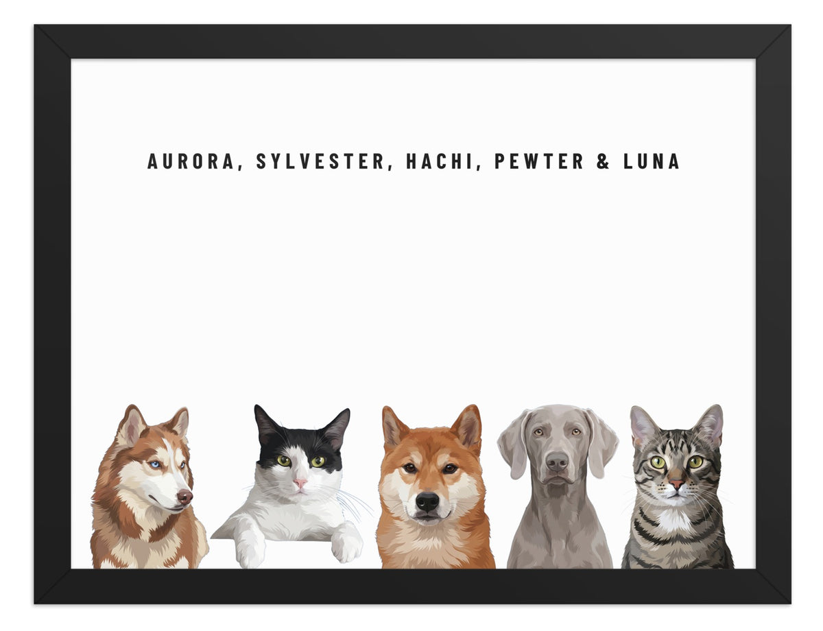 Holiday Custom Five Pet Portrait (Black Frame): Aurora the Siberian Husky & Sylvester the tuxedo cat & Hachi the Shiba Inu & Pewter the Weimaraner & Luna the grey-brown tabby cat on a White background. [ks Style=Black Frame; Background=White]