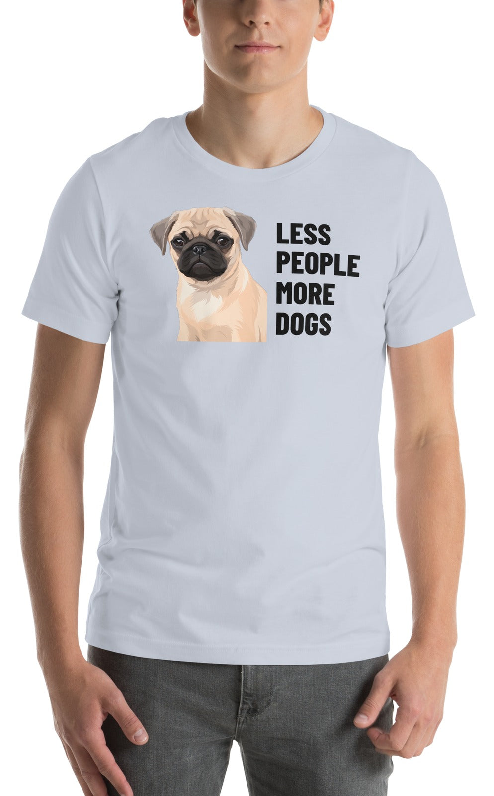 Less People More Dogs Custom Pet T-Shirt (Light Blue), Waffles the Pug: worn by a model. [ks Colour=Light Blue; kind=product]
