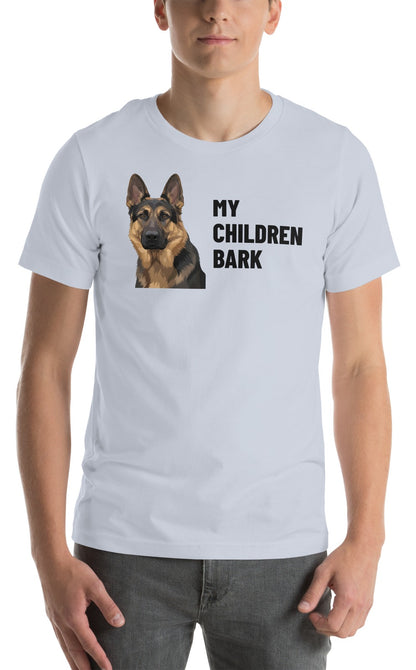 My Children Bark Custom Pet T-Shirt (Light Blue), Max the German Shepherd: worn by a model. [ks Colour=Light Blue; kind=product]