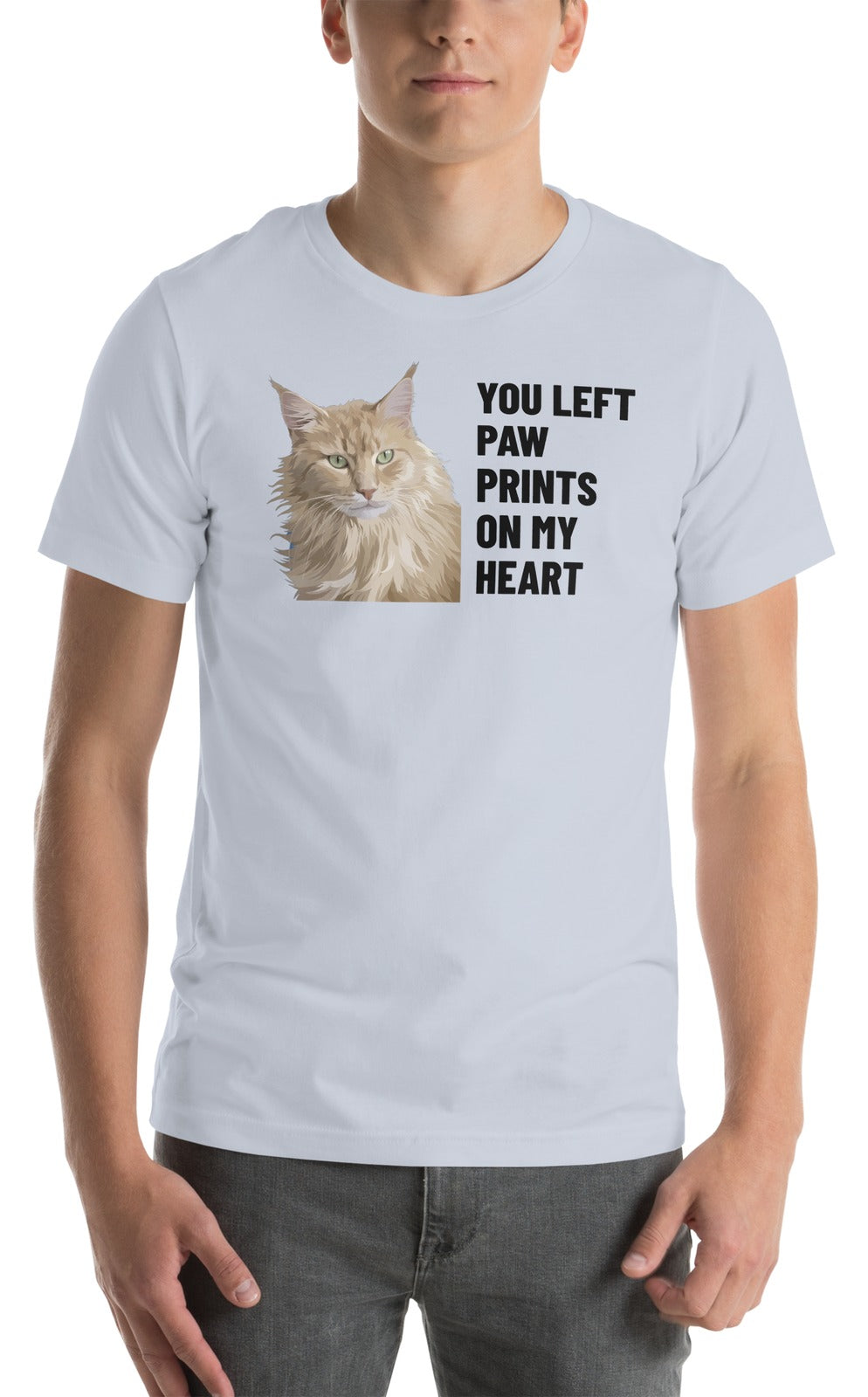 You Left Paw Prints On My Heart Custom Pet T-Shirt (Light Blue), Caramel the Maine Coon cat: worn by a model. [ks Colour=Light Blue; kind=product]