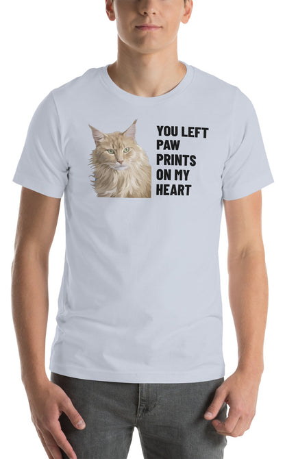 You Left Paw Prints On My Heart Custom Pet T-Shirt (Light Blue), Caramel the Maine Coon cat: worn by a model. [ks Colour=Light Blue; kind=product]