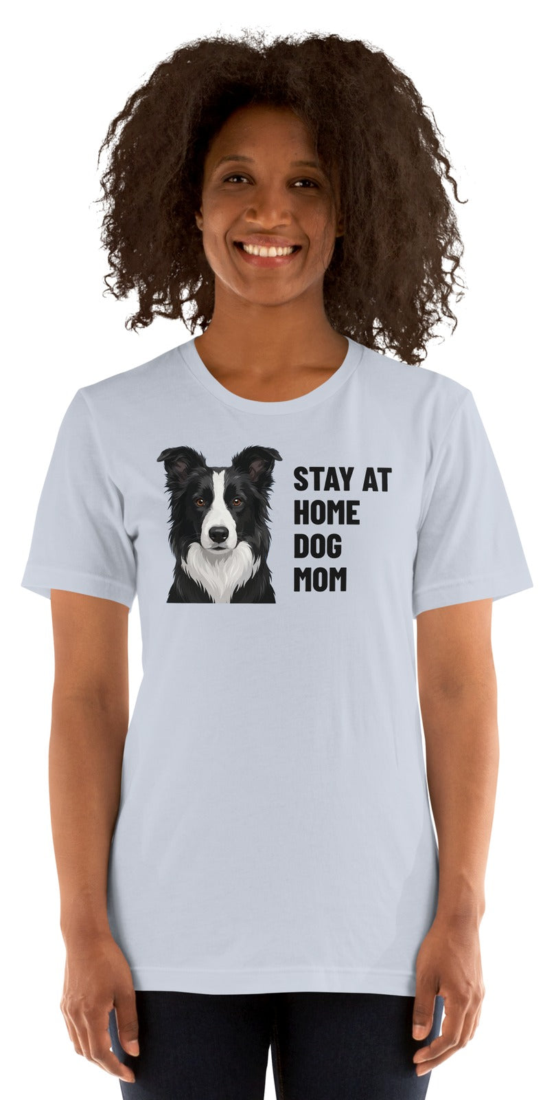 Stay At Home Dog Mom Custom Pet T-Shirt (Light Blue), Oreo the Border Collie: worn by a model. [ks Colour=Light Blue; kind=product]