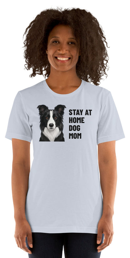 Stay At Home Dog Mom Custom Pet T-Shirt (Light Blue), Oreo the Border Collie: worn by a model. [ks Colour=Light Blue; kind=product]