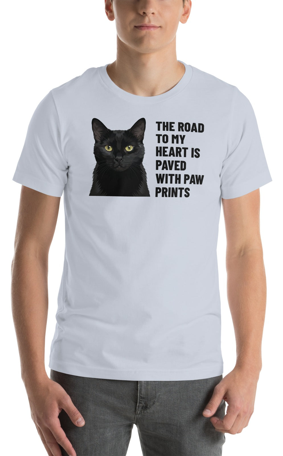 The Road To My Heart Is Paved With Paw Prints Custom Pet T-Shirt (Light Blue), Olive the black cat: worn by a model. [ks Colour=Light Blue; kind=product]