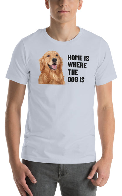 Home Is Where The Dog Is Custom Pet T-Shirt (Light Blue), Cooper the Golden Retriever: worn by a model. [ks Colour=Light Blue; kind=product]