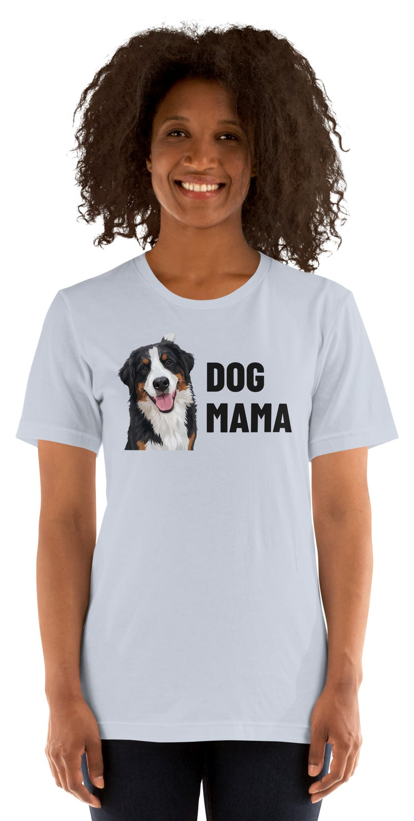 Dog Mama Custom Pet T-Shirt (Light Blue), Bear the Bernese Mountain Dog: worn by a model. [ks Colour=Light Blue; kind=product]