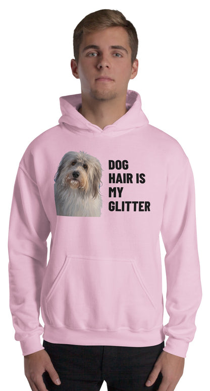 Dog Hair Is My Glitter Custom Pet Hoodie (Light Pink), Gandalf the Sheepdog: worn by a model. [ks Colour=Light Pink; kind=product]
