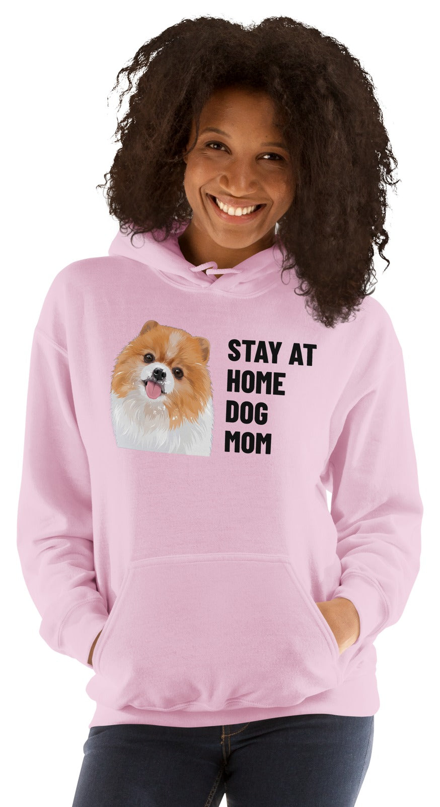Stay At Home Dog Mom Custom Pet Hoodie (Light Pink), Nugget the Pomeranian: worn by a model. [ks Colour=Light Pink; kind=product]