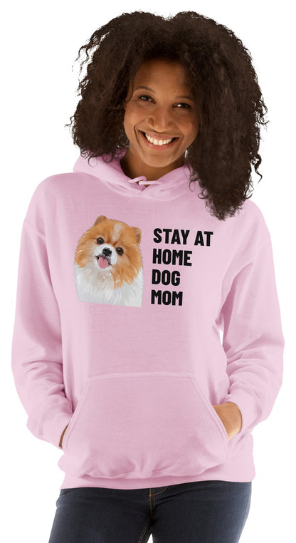 Stay At Home Dog Mom Custom Pet Hoodie (Light Pink), Nugget the Pomeranian: worn by a model. [ks Colour=Light Pink; kind=product]