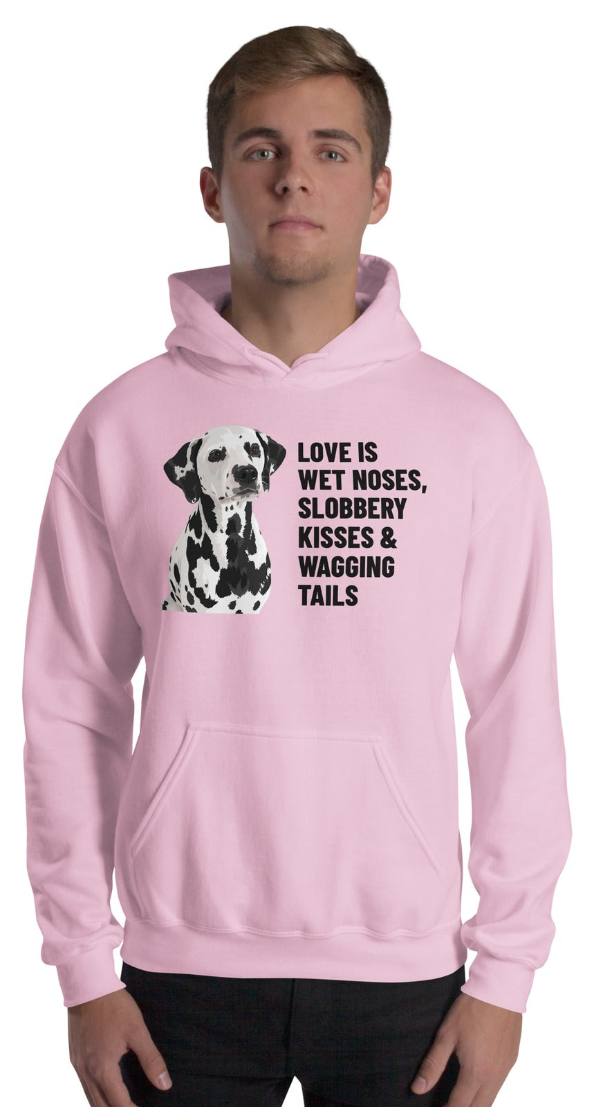 Love Is Wet Noses, Slobbery Kisses & Wagging Tails Custom Pet Hoodie (Light Pink), Dotty the Dalmatian: worn by a model. [ks Colour=Light Pink; kind=product]