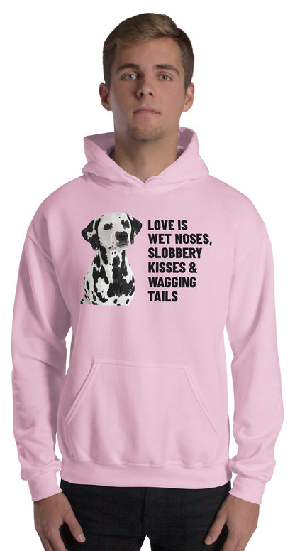 Love Is Wet Noses, Slobbery Kisses & Wagging Tails Custom Pet Hoodie (Light Pink), Dotty the Dalmatian: worn by a model. [ks Colour=Light Pink; kind=product]