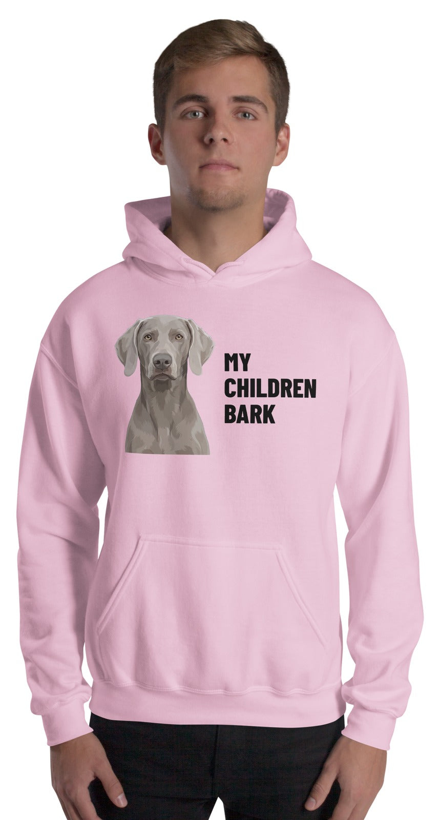 My Children Bark Custom Pet Hoodie (Light Pink), Pewter the Weimaraner: worn by a model. [ks Colour=Light Pink; kind=product]