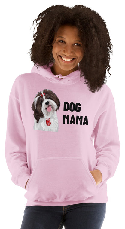 Dog Mama Custom Pet Hoodie (Light Pink), Pippin the Shih Tzu: worn by a model. [ks Colour=Light Pink; kind=product]