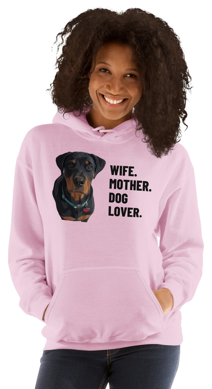 Wife. Mother. Dog Lover. Custom Pet Hoodie (Light Pink), Thor the Rottweiler: worn by a model. [ks Colour=Light Pink; kind=product]