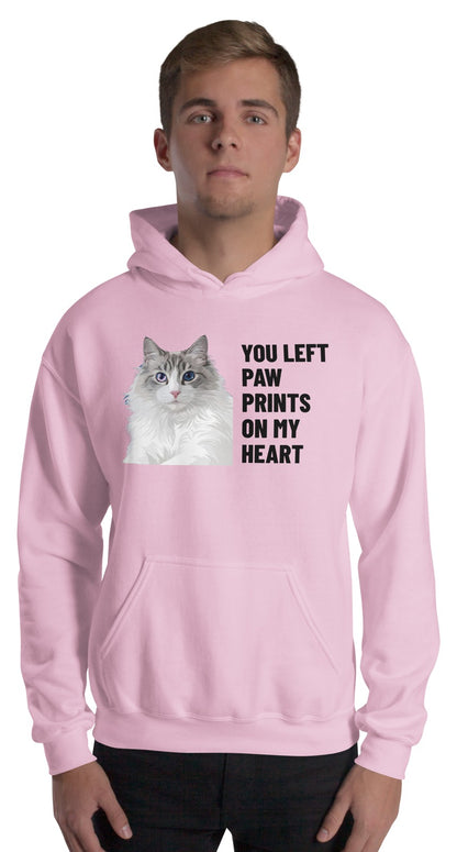 You Left Paw Prints On My Heart Custom Pet Hoodie (Light Pink), Cloud the Ragdoll cat: worn by a model. [ks Colour=Light Pink; kind=product]