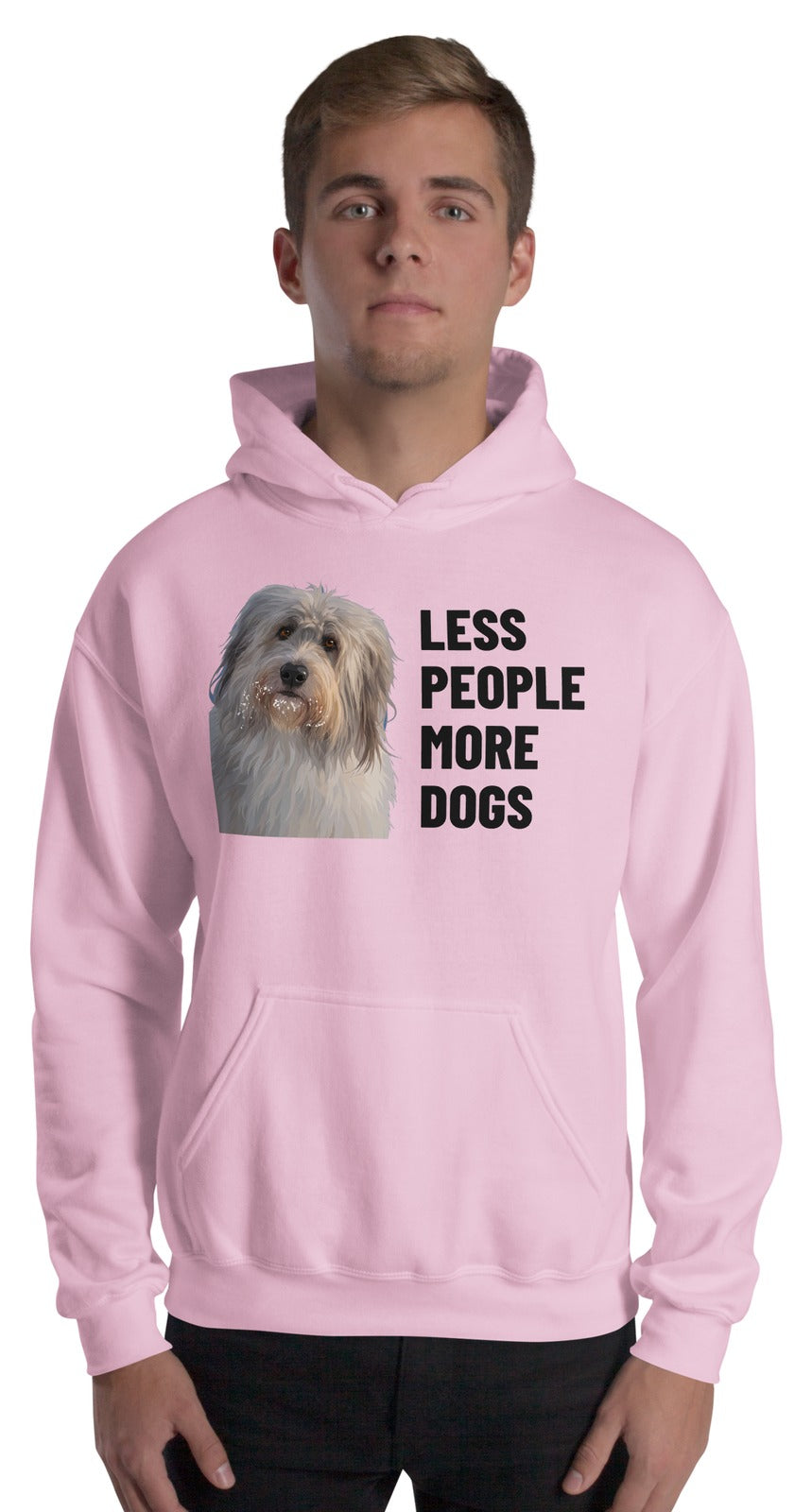 Less People More Dogs Custom Pet Hoodie (Light Pink), Gandalf the Sheepdog: worn by a model. [ks Colour=Light Pink; kind=product]