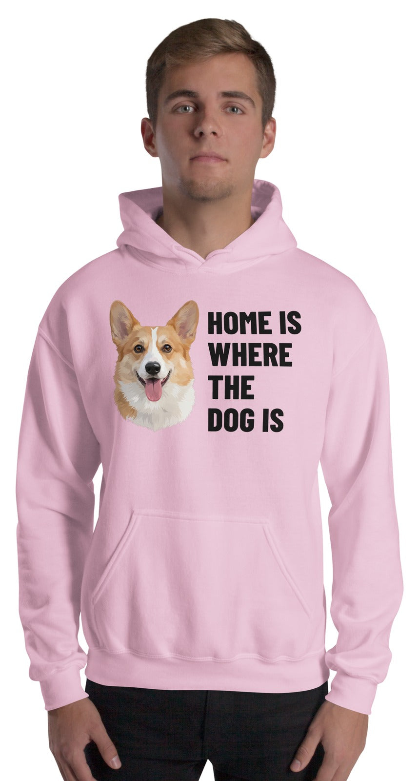 Home Is Where The Dog Is Custom Pet Hoodie (Light Pink), Bailey the Pembroke Welsh Corgi: worn by a model. [ks Colour=Light Pink; kind=product]