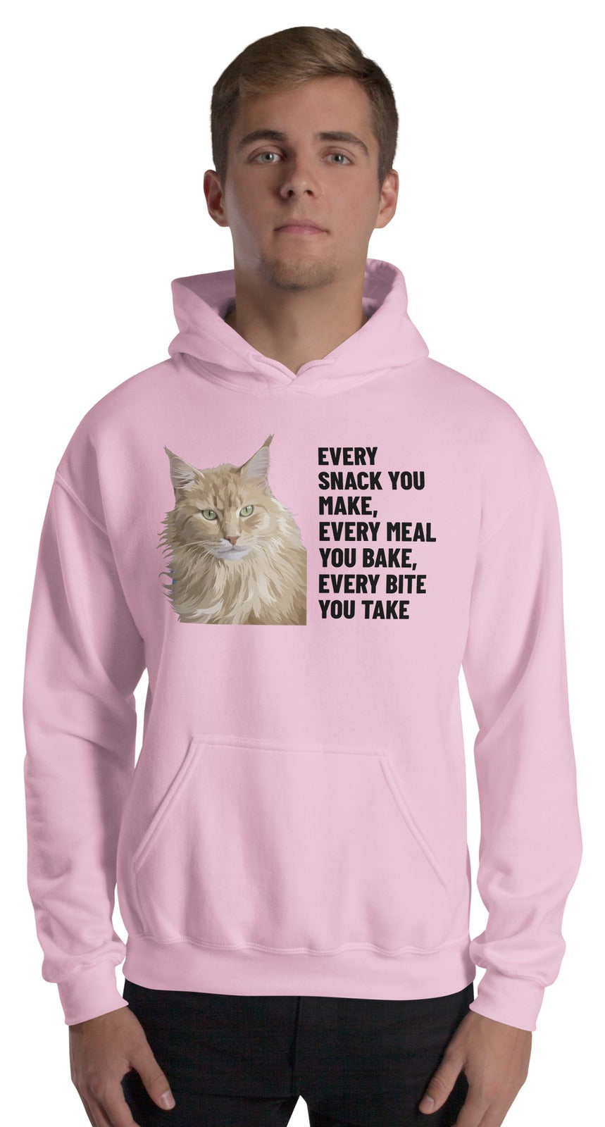 Every Snack You Make, Every Meal You Bake, Every Bite You Take Custom Pet Hoodie (Light Pink), Caramel the Maine Coon cat: worn by a model. [ks Colour=Light Pink; kind=product]