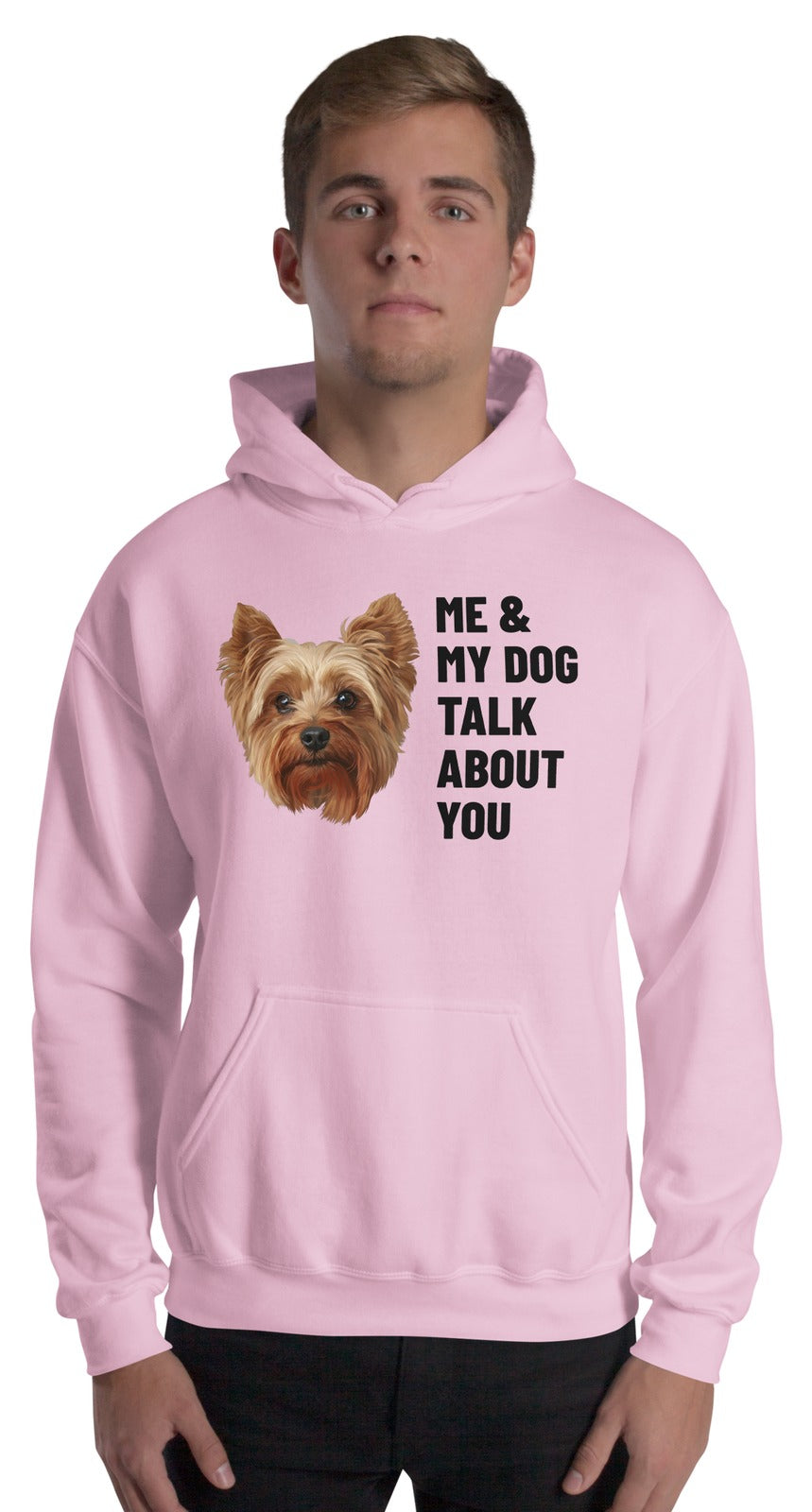 Me & My Dog Talk About You Custom Pet Hoodie (Light Pink), Gizmo the Yorkshire Terrier: worn by a model. [ks Colour=Light Pink; kind=product]