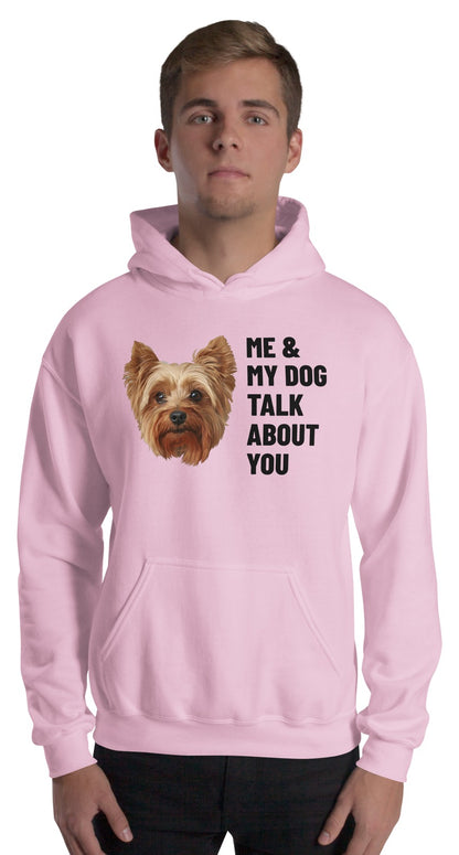 Me & My Dog Talk About You Custom Pet Hoodie (Light Pink), Gizmo the Yorkshire Terrier: worn by a model. [ks Colour=Light Pink; kind=product]