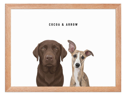 Custom Two Pet Portrait Framed Print (Oak): Cocoa the chocolate Labrador & Arrow the Whippet on a White background. [ks Frame=Oak; Background=White]