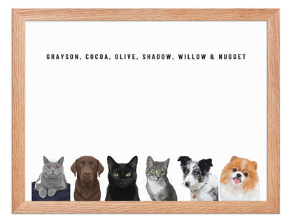 Custom Six Pet Portrait Framed Print (Oak): Grayson the British Shorthair cat & Cocoa the chocolate Labrador & Olive the black cat & Shadow the grey tabby cat & Willow the Border Collie & Nugget the Pomeranian on a White background. [ks Frame=Oak; Background=White]