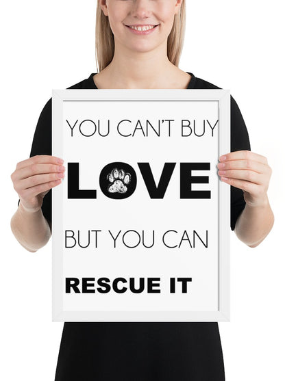 You Can't Buy Love Quote Sign (White / White Frame): held up to show its size. [ks Background=White; Style=White Frame; kind=product]