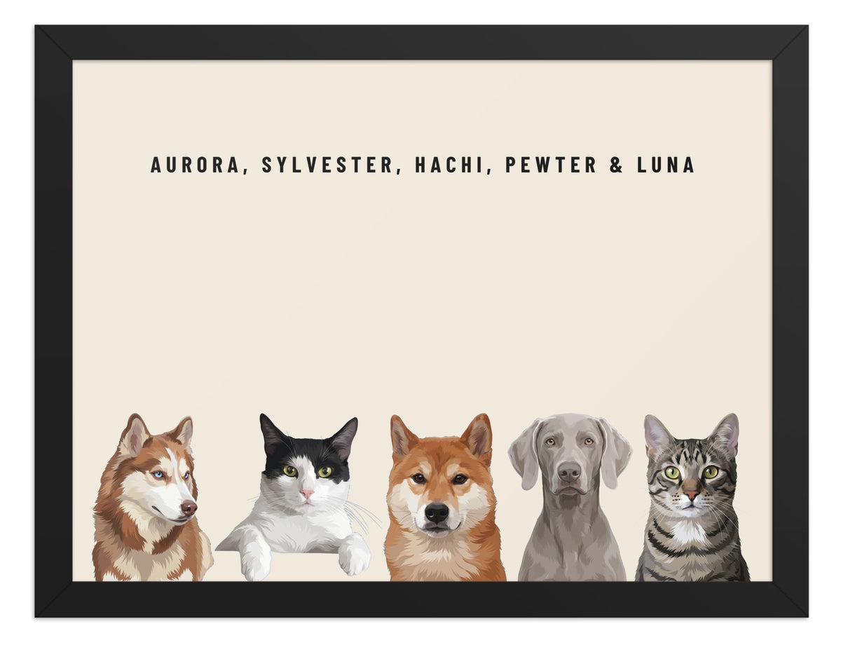 Holiday Custom Five Pet Portrait (Black Frame): Aurora the Siberian Husky & Sylvester the tuxedo cat & Hachi the Shiba Inu & Pewter the Weimaraner & Luna the grey-brown tabby cat on a Cream background. [ks Style=Black Frame; Background=Cream]