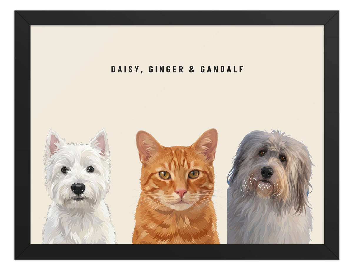 Holiday Custom Three Pet Portrait (Black Frame): Daisy the West Highland White Terrier & Ginger the orange tabby cat & Gandalf the Sheepdog on a Cream background. [ks Style=Black Frame; Background=Cream]
