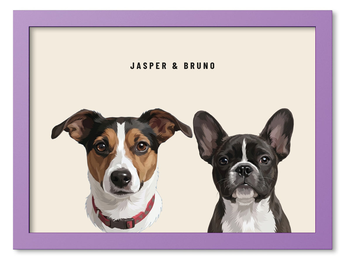 Custom Two Pet Portrait Coloured Frame Print (Lilac): Jasper the Jack Russell Terrier & Bruno the French Bulldog on a Cream background. [ks Frame Colour=Lilac; Background=Cream]