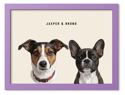 Custom Two Pet Portrait Coloured Frame Print (Lilac): Jasper the Jack Russell Terrier & Bruno the French Bulldog on a Cream background. [ks Frame Colour=Lilac; Background=Cream]