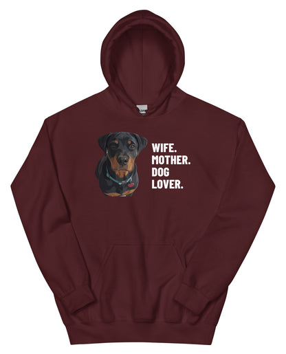 Wife. Mother. Dog Lover. Custom Pet Hoodie (Maroon), Thor the Rottweiler: front view. [ks Colour=Maroon; kind=product]