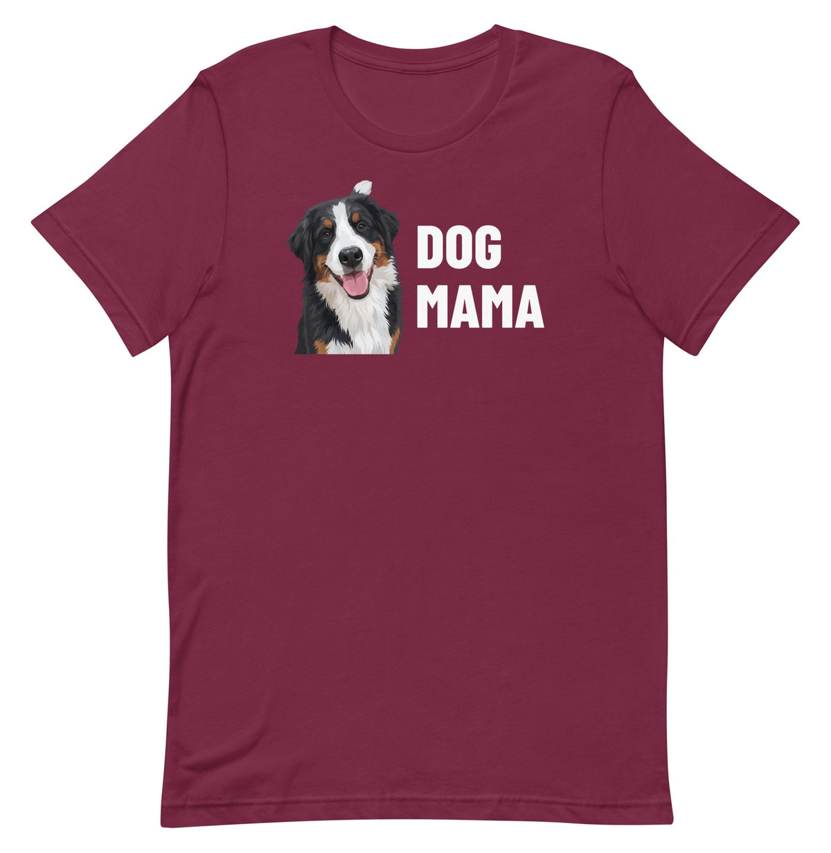 Dog Mama Custom Pet T-Shirt (Maroon), Bear the Bernese Mountain Dog: front view. [ks Colour=Maroon; kind=product]